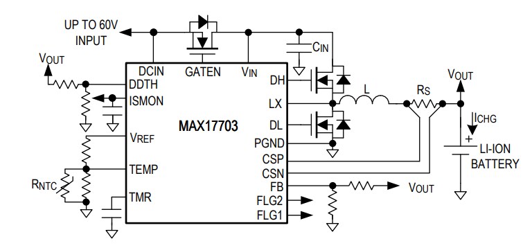 Application Circuit Diagram - Analog Devices / Maxim Integrated MAX17703 Li-Ion Battery Charger Controller